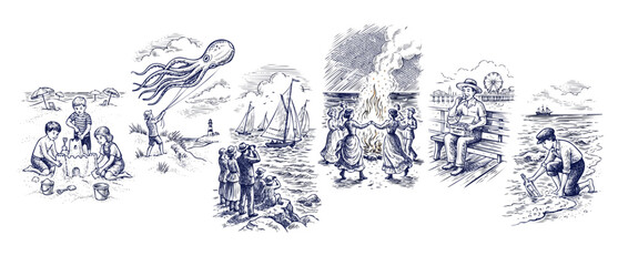 Obraz premium Vintage beach sketch illustration set of coastal summer activities with family sandcastle, flying octopus kite, sailing regatta, bonfire dance, boardwalk bench taffy eating and message in a bottle