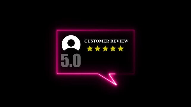 Glowing neon green colour Rating 5 stars icon animation. animation customer review concept, character giving three star feedback on neon rectangle. animated customer satisfaction rating. 4k