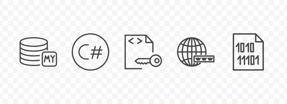 information technology icon set with mysql, c sharp, www, binary file signs in flat outline style