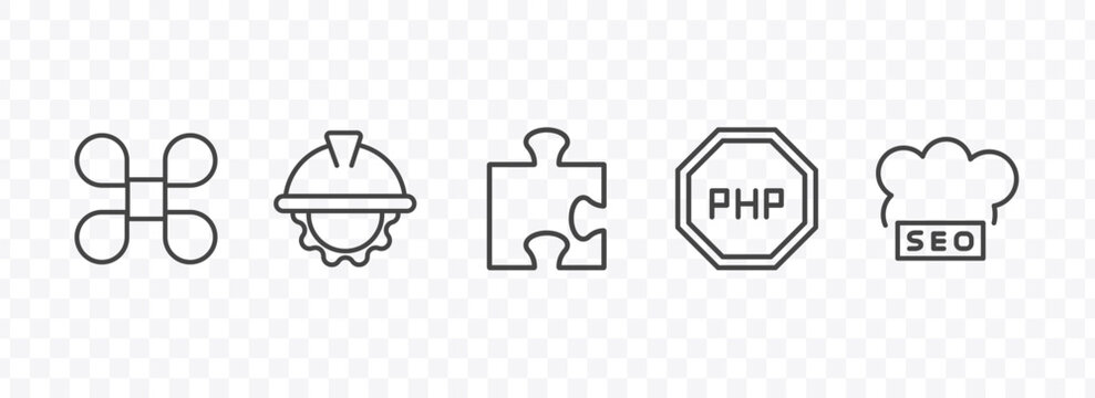 information technology icon set with command, engineering, programming language, seo cloud signs in flat outline style