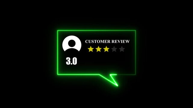 Glowing neon Rating 3 stars icon animation. animation customer review concept, character giving three star feedback on neon rectangle. animated customer satisfaction rating