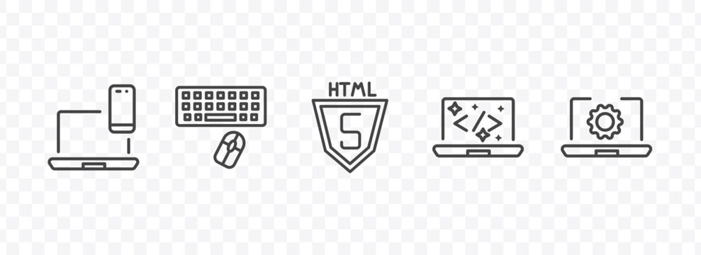 information technology icon set with cross-platform, keyboard and mouse, clean code, software signs in flat outline style