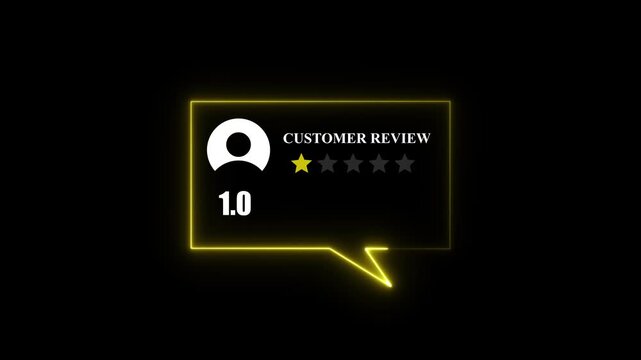 Glowing neon red Rating 1 stars icon animation. animation customer review concept, character giving three star feedback on neon rectangle. animated customer satisfaction rating. 4k