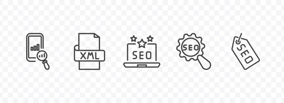 information technology icon set with seo ranking, xml, seo configuration, seo tags signs in flat outline style