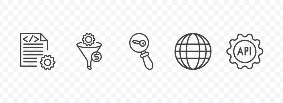 information technology icon set with compiler, seo funnel, web page, api signs in flat outline style