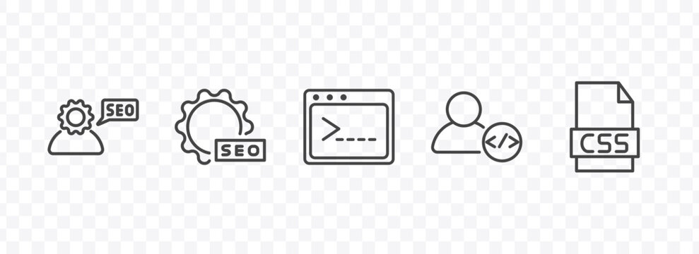 information technology icon set with seo consulting, image seo, developer, css file format signs in flat outline style