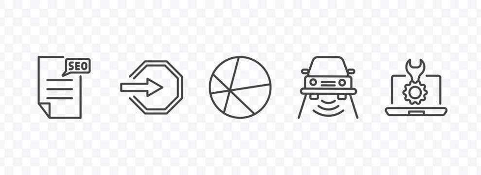 information technology icon set with seo report, login, smart car, seo tools signs in flat outline style