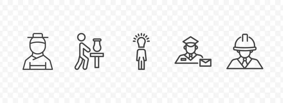 people icon set with korean, sculptor working, postman working, architect signs in flat outline style