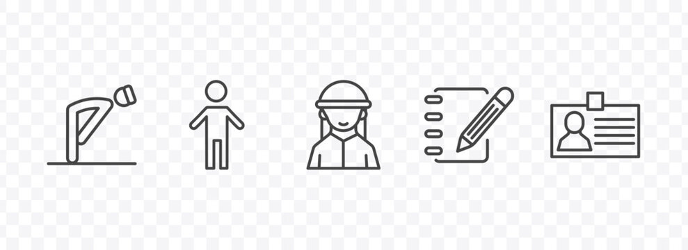 people and relation icon set with ruku, small boy, pencil and notebook, identification ard signs in flat outline style