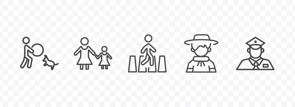 people icon set with dog trainer, mother and daughter, argentina, policeman working signs in flat outline style