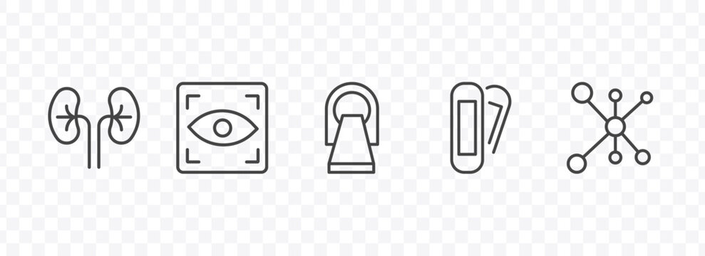 medical and healthcare icon set with kidney, eye scanner medical, plaster, cells in a circle signs in flat outline style