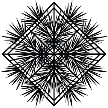 Black geometric starburst pattern inside a diamond frame