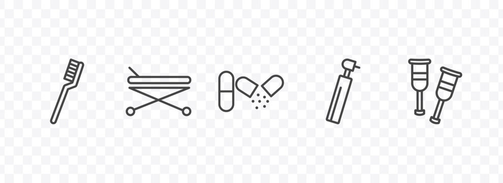 medical icon set with tooth brush, hospital bed side view, dental drill, crutches signs in flat outline style