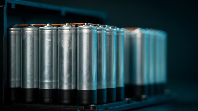 Collection of Silver Batteries with Copper Tops in a Row on a Dark Surface