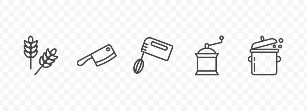 kitchen icon set with wheat, cleaver, coffee grinder, cooking pot signs in flat outline style