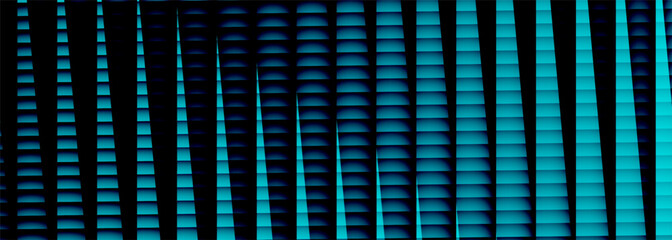 Naklejka premium Dark abstract background with repeating vertical cyan and blue bars, thin lines, and glowing curved highlights over a black backdrop, creating a modern futuristic pattern banner.