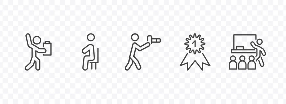 humans and behavior icon set with worker with notepad, sitting down, first prize, classroom signs in flat outline style