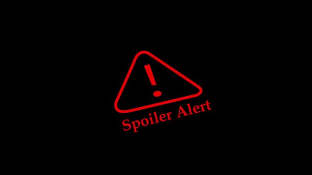 Animated spoiler alert warning sign with pulsing red triangle and exclamation mark symbol for cinematic reviews, social media entertainment news, and digital media production projects