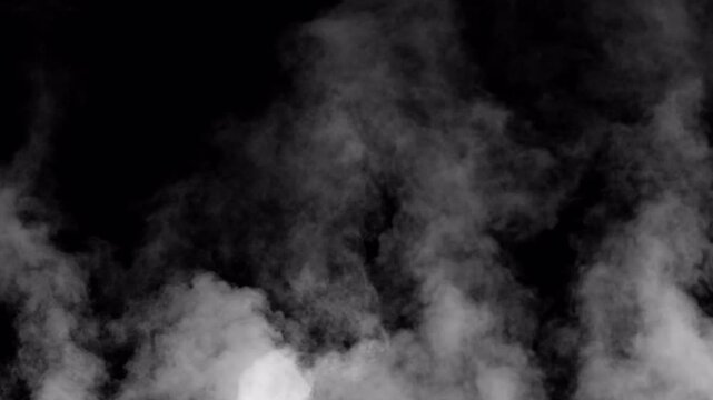 Abstract white smoke clouds rising against a solid black background.