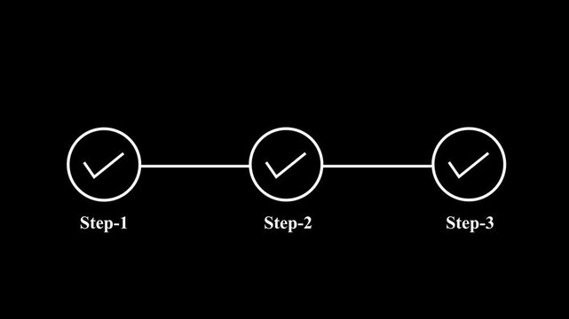 Minimalist three-step progress bar animation with animated checkmark for business workflow, project completion, task management, milestone tracking, and user interface on black background