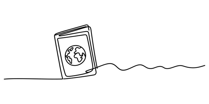 Continuous single line drawing of a travel passport with a globe icon showing international identity document concept for tourism and global mobility Vector, illustration