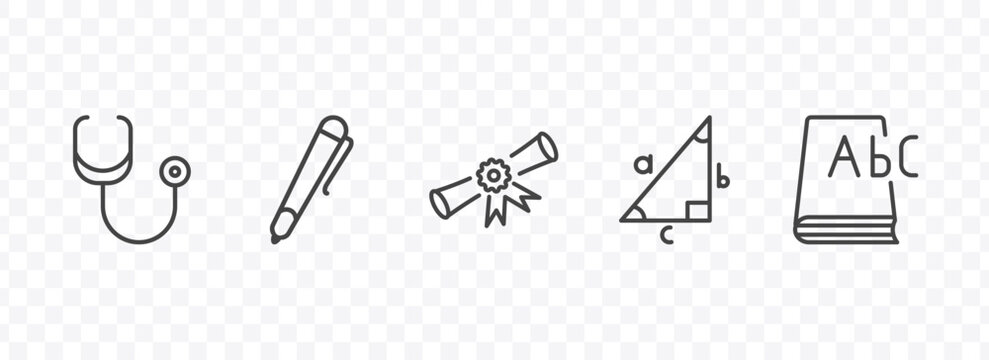 education icon set with cardiology tool, ballpoint pen, trigonometry, 3d dictionary signs in flat outline style