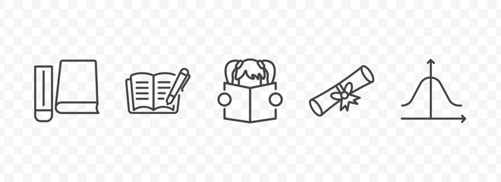 education and science icon set with hardbound book, book with marker, graduation diploma, gaussian function signs in flat outline style