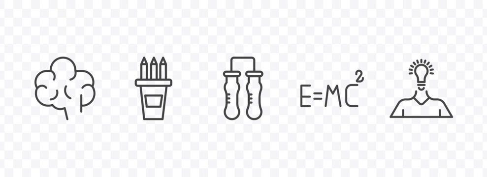 education and science icon set with human brain, pencil box, relativity formulae, having an idea signs in flat outline style