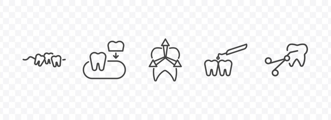 dental health icon set with malocclusion, partial denture, interproximal, tooth extraction signs in flat outline style © Abstract