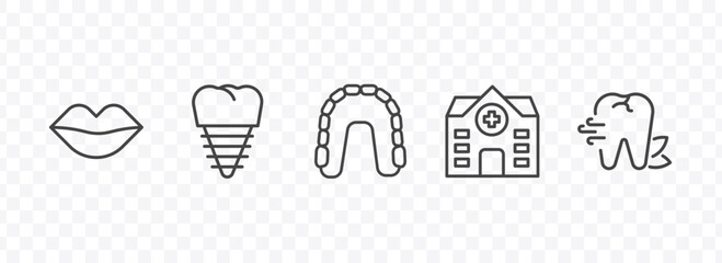 dental health icon set with mouth, fake tooth, clinic, breath signs in flat outline style © Abstract