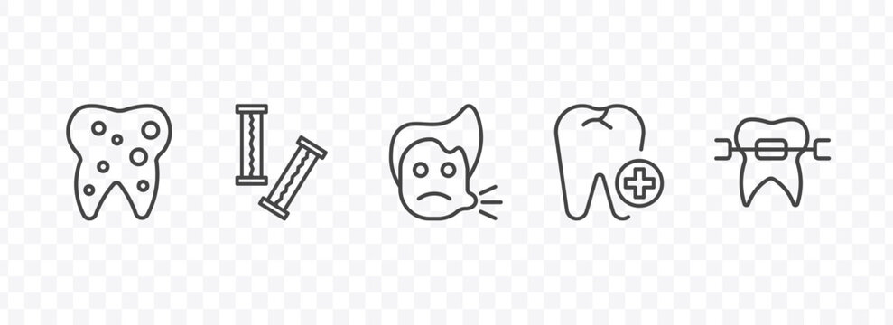 dental health icon set with inner tooth, chewing gum, aid, brackets signs in flat outline style