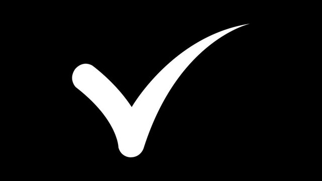 High-contrast animated white checkmark symbol isolated on a pure black background, user interface task completion notifications, success confirmation, and digital approval