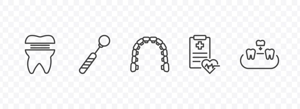 dental health icon set with molar crown, mouth mirror, health report, overdenture signs in flat outline style