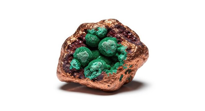 A high-resolution studio shot of a raw copper ore specimen showing natural metallic textures and green oxidation against a white background, metallic, background, ore