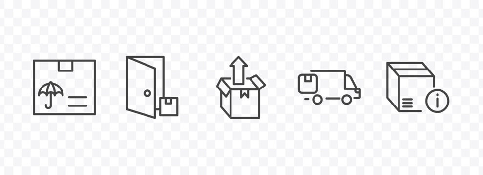 delivery and logistics icon set with logistic protection, delivery to the door, moving, delivery info signs in flat outline style