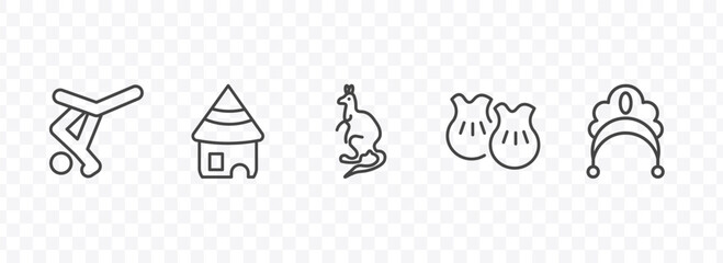 Obraz premium culture and civilization icon set with capoeira brazil dancers, mud hut, wontons, kokoshnik signs in flat outline style