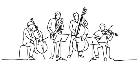 Obraz premium Continuous one line drawing of a jazz band playing instruments including cello saxophone double bass and violin in a music performance ensemble Vector, illustration