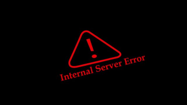 Internal server error warning sign flashing on digital display, red and white alert for website maintenance, system failure notification, cybersecurity concept, technical glitch animation