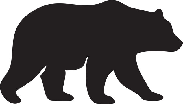 Black silhouette of a large grizzly bear walking in a simple flat style graphic design