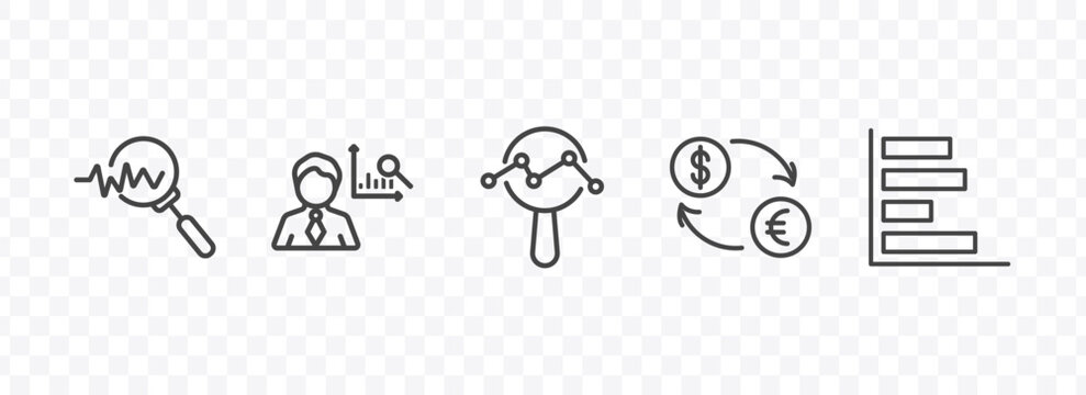 business and finance icon set with sine waves analysis, businessman analysis, currencies, horizontal bar chart signs in flat outline style