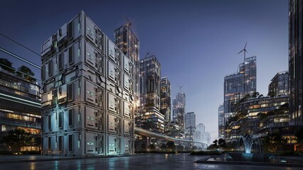 Obraz premium Futuristic Urban Cityscape with Modern High-Rise Buildings and Bright Night Lights