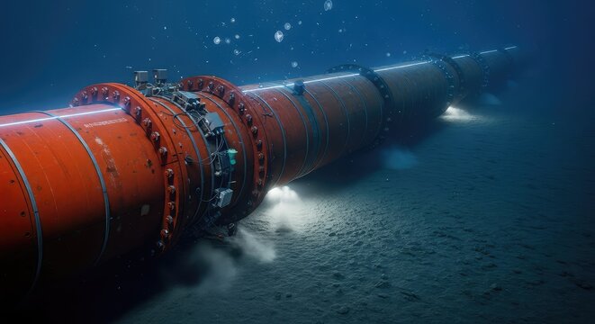 A massive industrial pipeline stretches across the dark, silt-covered floor of the deep ocean, transporting energy resources through the abyss, cable, abyss, pipe
