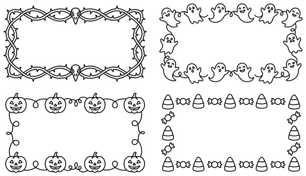 Halloween frame collection with thorny vines ghostly figures pumpkins and candy corn sets.