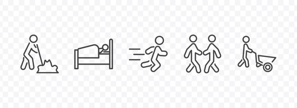 behavior and action icon set with man digging, laying in bed, two men meeting, man wirth carry signs in flat outline style