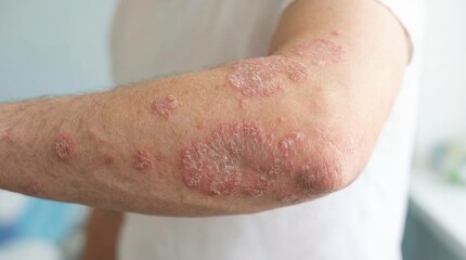 Fototapeta premium Dermal disease flareup: psoriasis plaque, erythematous patch, epidermal scaling, elbow lesion, patient arm, autoimmune symptom, medical issue, chronic inflammation.
