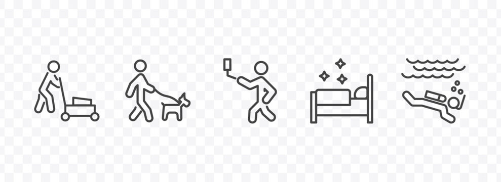 behavior and action icon set with cutting lawn, walking the dog, making the bed, man diving signs in flat outline style