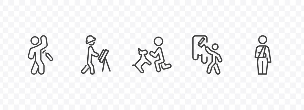 behavior and action icon set with man spraying deodorant, engineer working, man painting wall, fracture arm signs in flat outline style