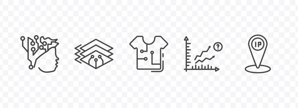 artificial intellegence icon set with intelligence, depth perception, prediction, ip signs in flat outline style