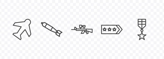 Obraz premium military and war and icon set with airplane, airplane bomb, shoulder strap, militaty medal signs in flat outline style