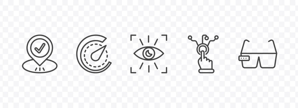 automation and high icon set with visit, velocity, interactivity, ar glasses signs in flat outline style